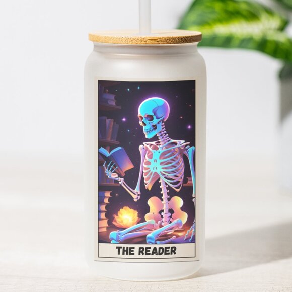 The Reader, Reader Tarot Card Tumbler, Gothic Mug, Iridescent Skeleton Glass Cup - Picture 1 of 7